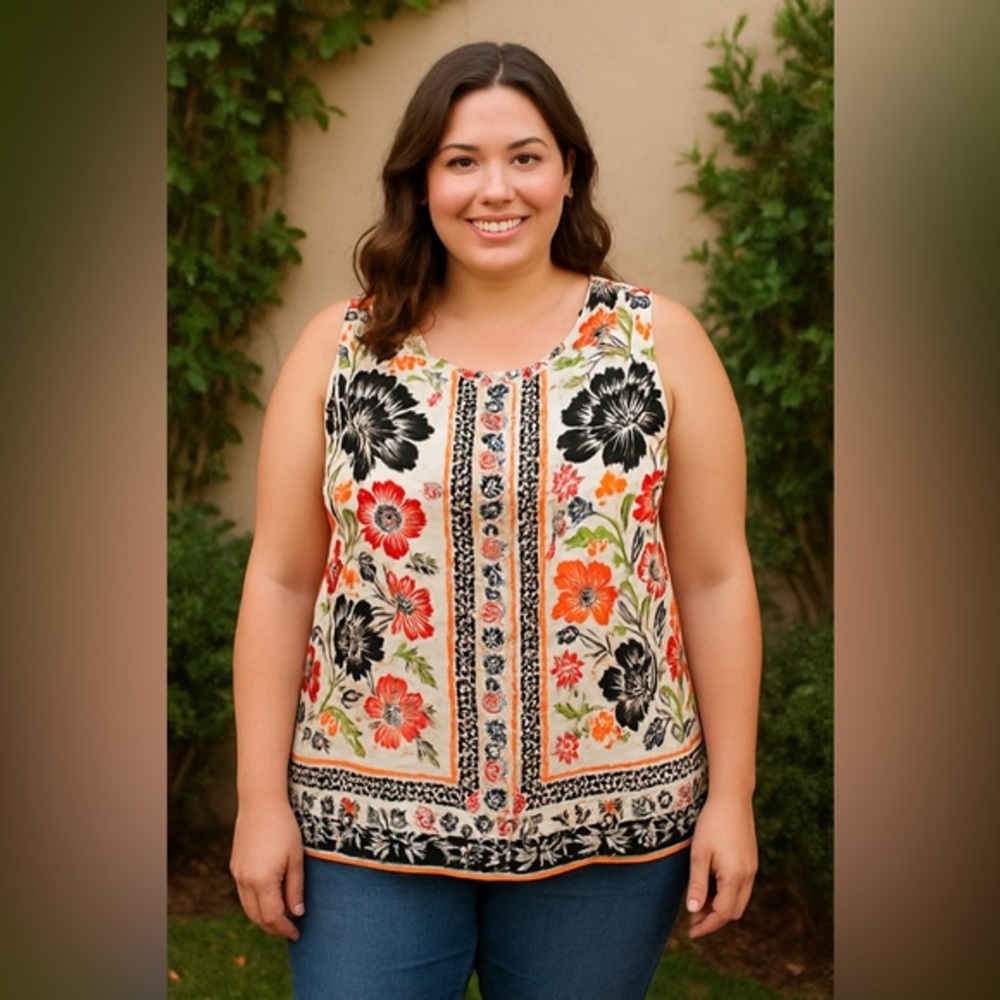 Cynthia Rowley Women's Multi Floral Print Back Button Tunic Top NWT 1X #2261